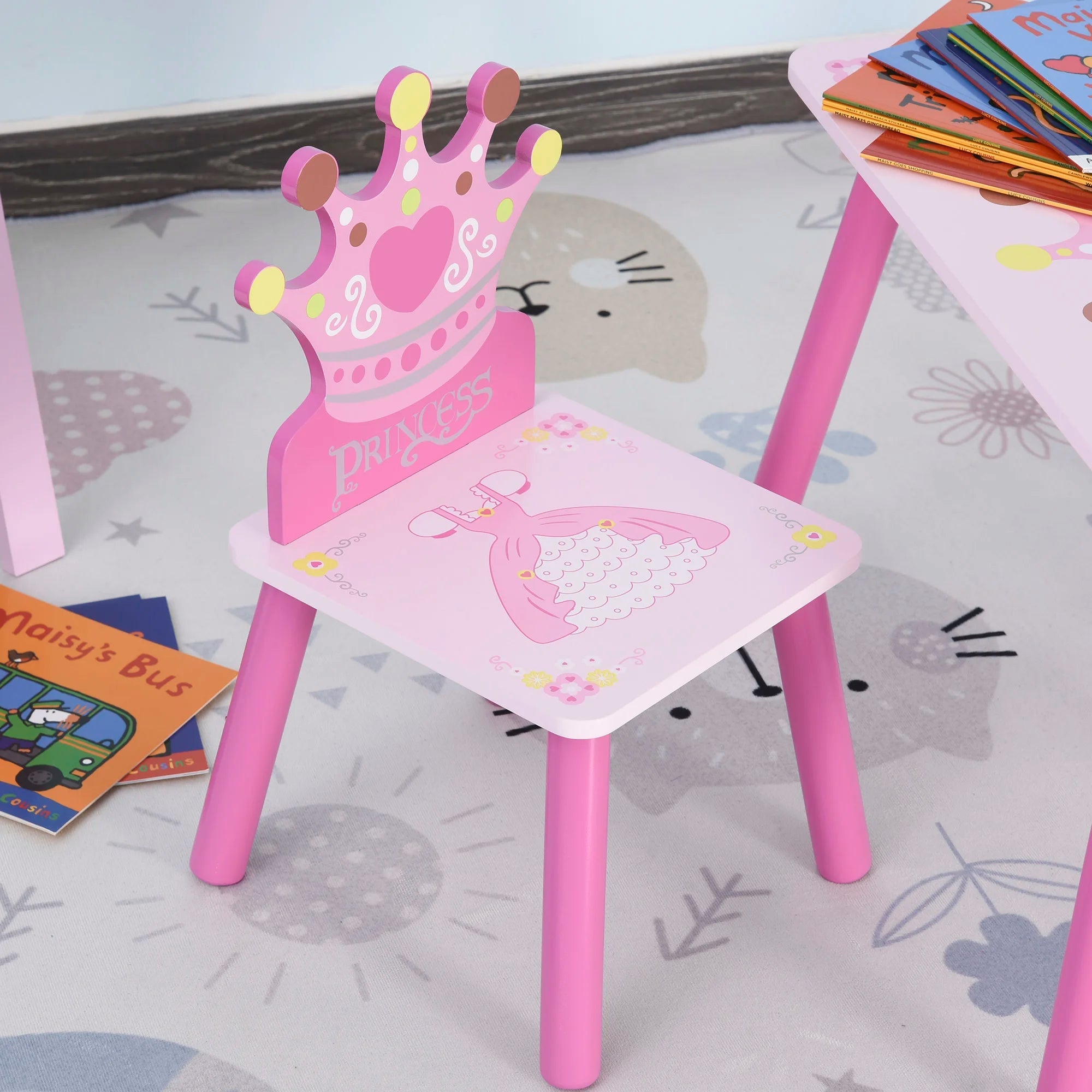 Triple Piece Collection Children's Wood Table Seat with Crown Pattern - silverfoxgoods
